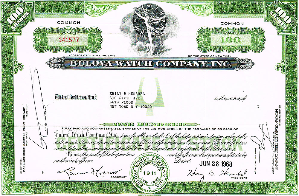 1968 Bulova $100 stock certificate