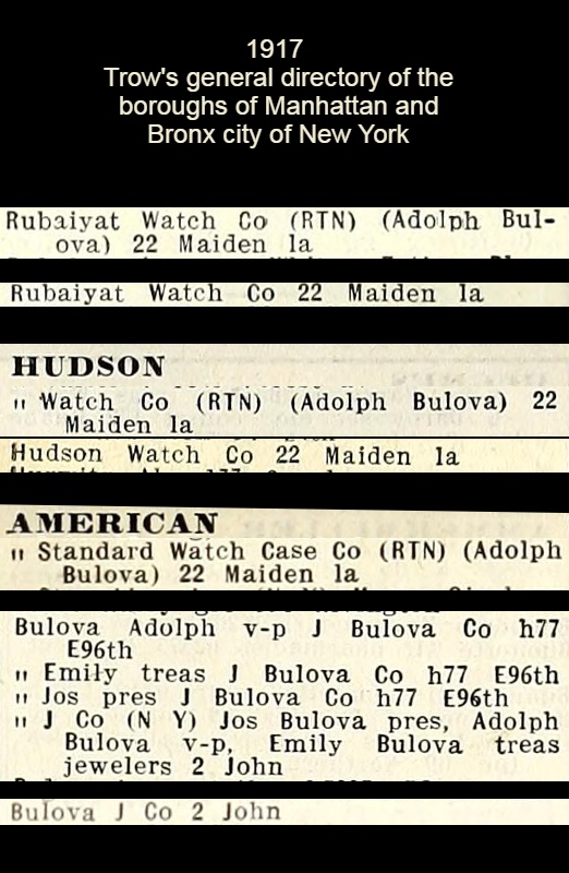 1917 Bulova, Hudson, Rubaiyat and American Standard Watch Case Company general directory of the boroughs of Manhattan and Bronx city of New York