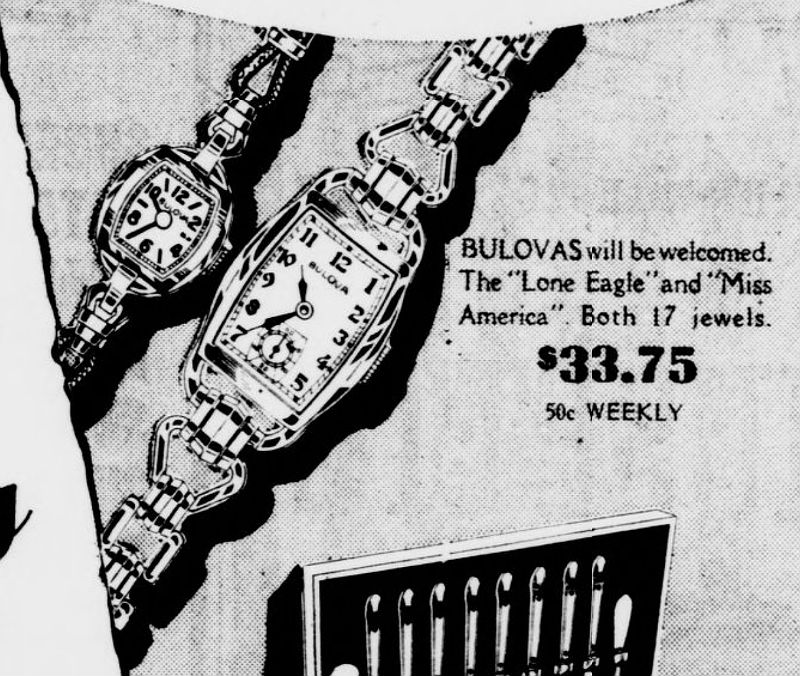 1940 Bulova Miss America, Lone Eagle watch advert