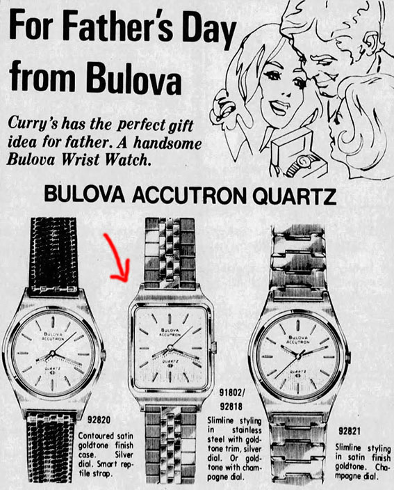 An black and white advert showing the 1977 Bulova Accutron Quartz