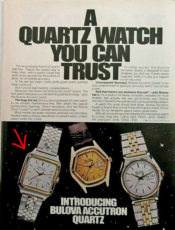 An color advert showing the 1977 Bulova Accutron Quartz